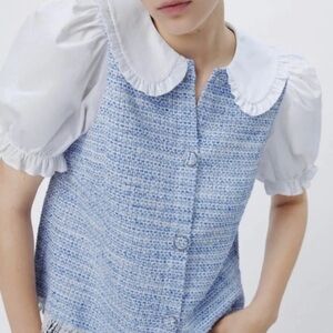 ZARA Blue Tweed Peter Pan Collar Blouse – Puff Sleeve – Size Small